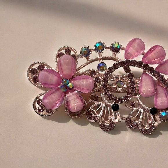 Elegant Women’s Vintage Pink Floral Crystal Hair Barrette Clip main image 13